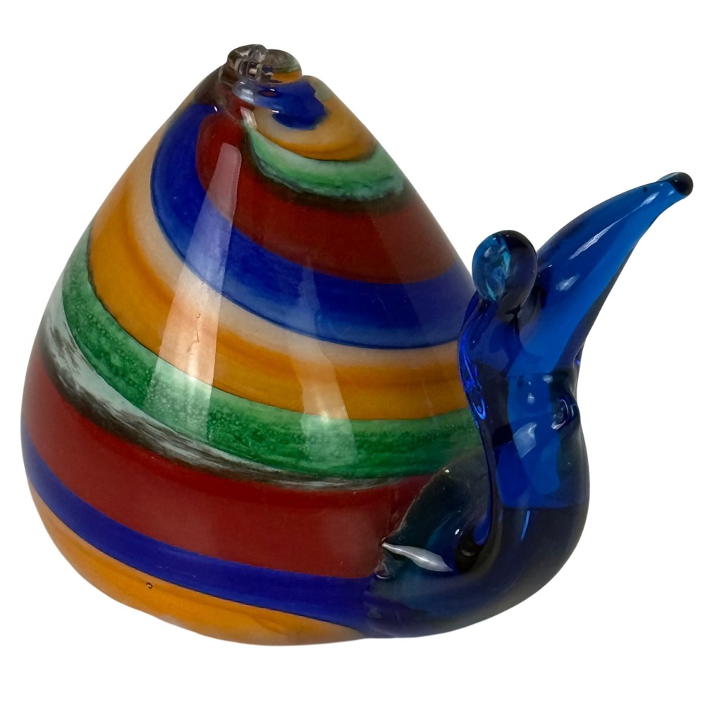 Large Art Glass Snail Paperweight Colorful Striped Hand Blown Murano Style Vtg